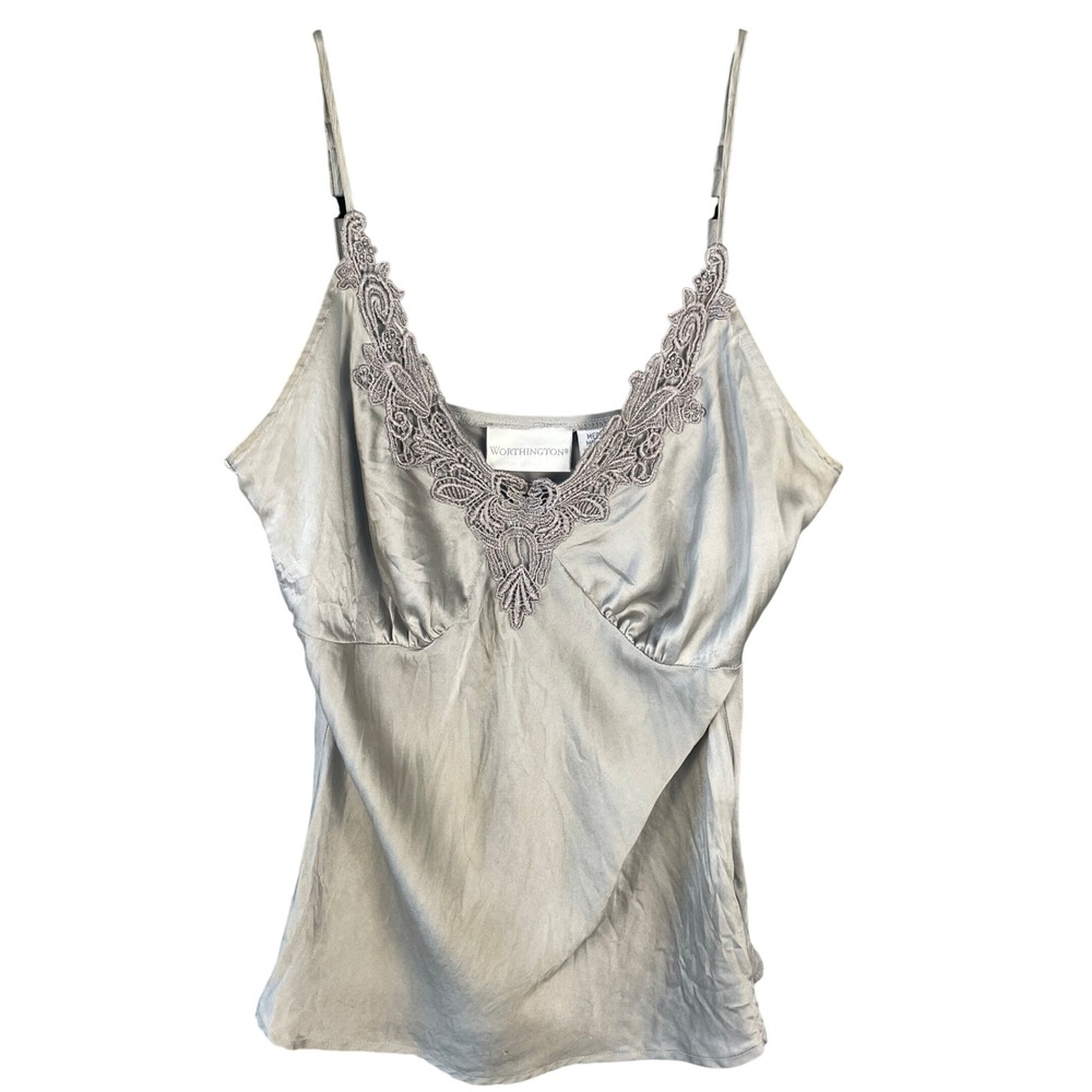 Worthington Silk Camisole Women Medium Gray Excellent Lace Trim V-Neck Top